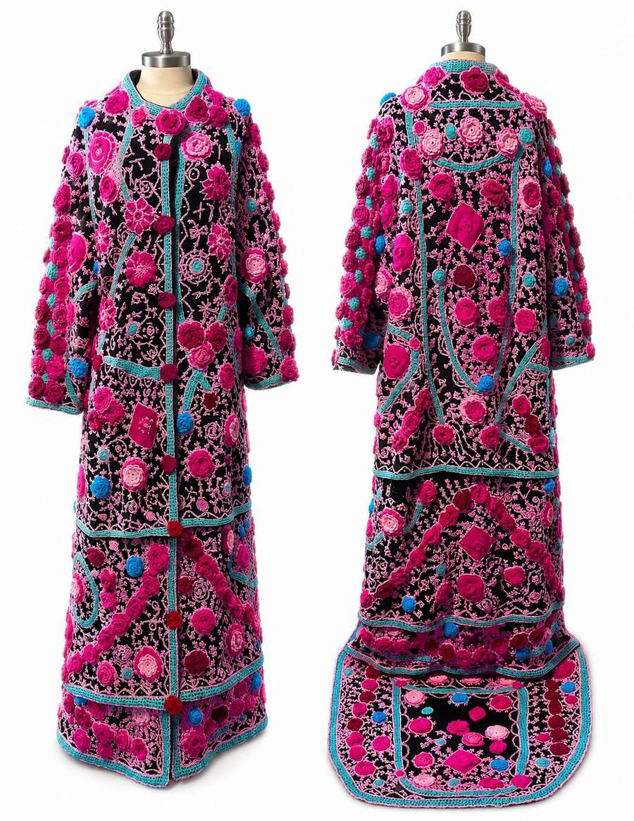 Hand-crocheted couture coat and skirt, front and back views